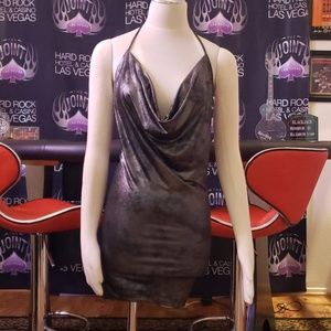 Gun metal gray party dress with drop neckline